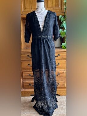 Black Lace Sheer Women’s Whimsigoth Maxi Dress with Shorts Medium